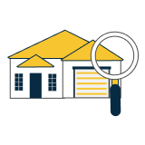 This graphic shows an icon of a home and magnifying glass.