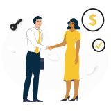 This graphic represent people shaking hands and agreeing on the sale of a home.